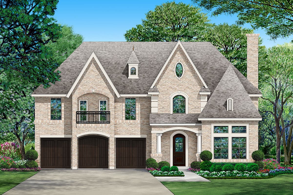House plan exterior with a brick facade, two stories, gable roof, arched garage doors, and a front porch with columns.