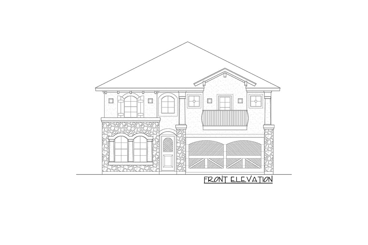 Front elevation drawing of a two-story house with stone accents, arched windows, a balcony, and a double garage.