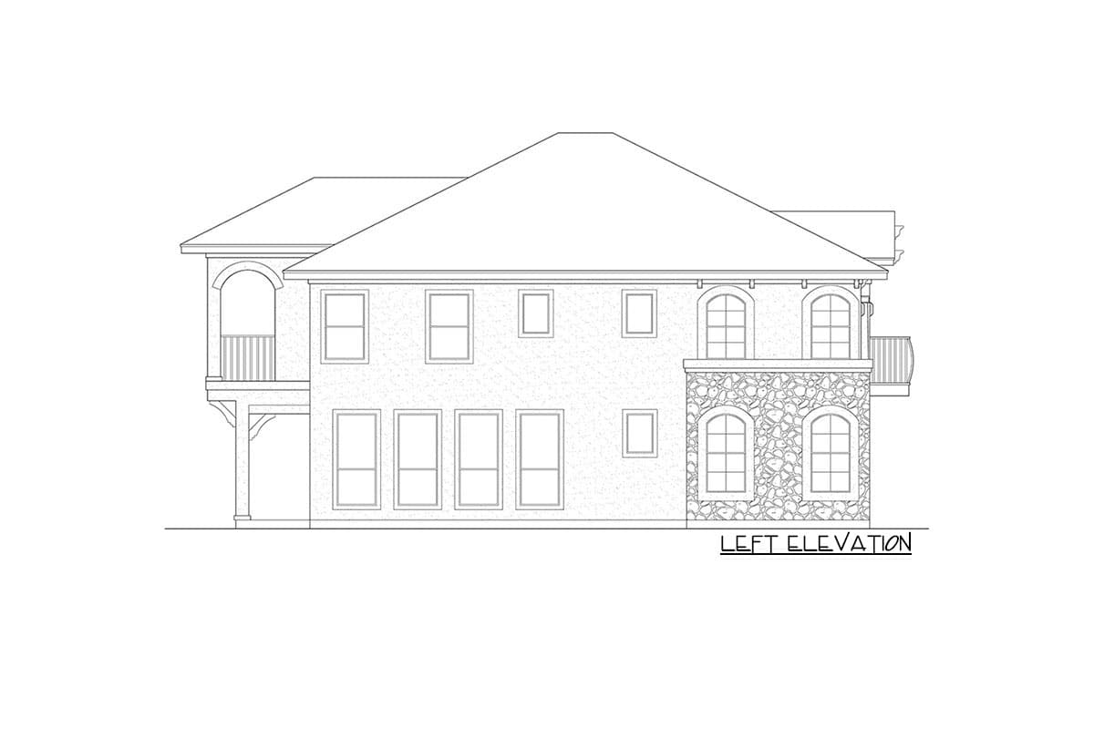 Left elevation drawing of a two-story house with a covered balcony, stone facade accents, and arched windows.