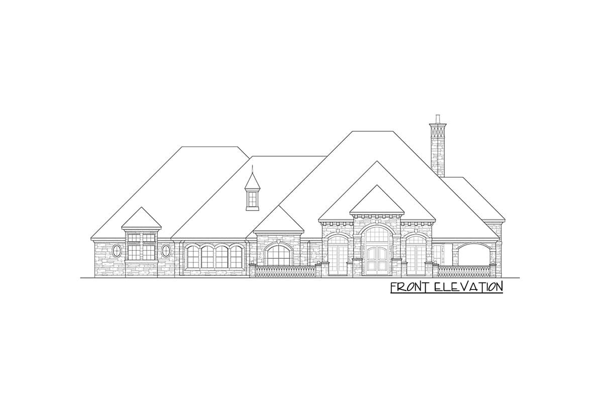 Front elevation drawing of a one-story house plan featuring multiple gables, arched windows, and a covered entry.