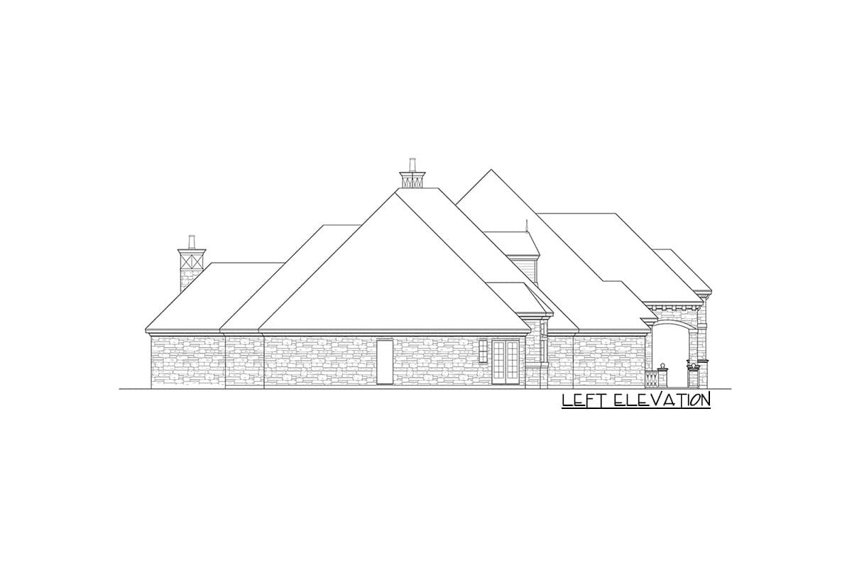 Left elevation drawing of a house plan featuring a stone exterior, prominent gables, dormers, and an arched entryway.