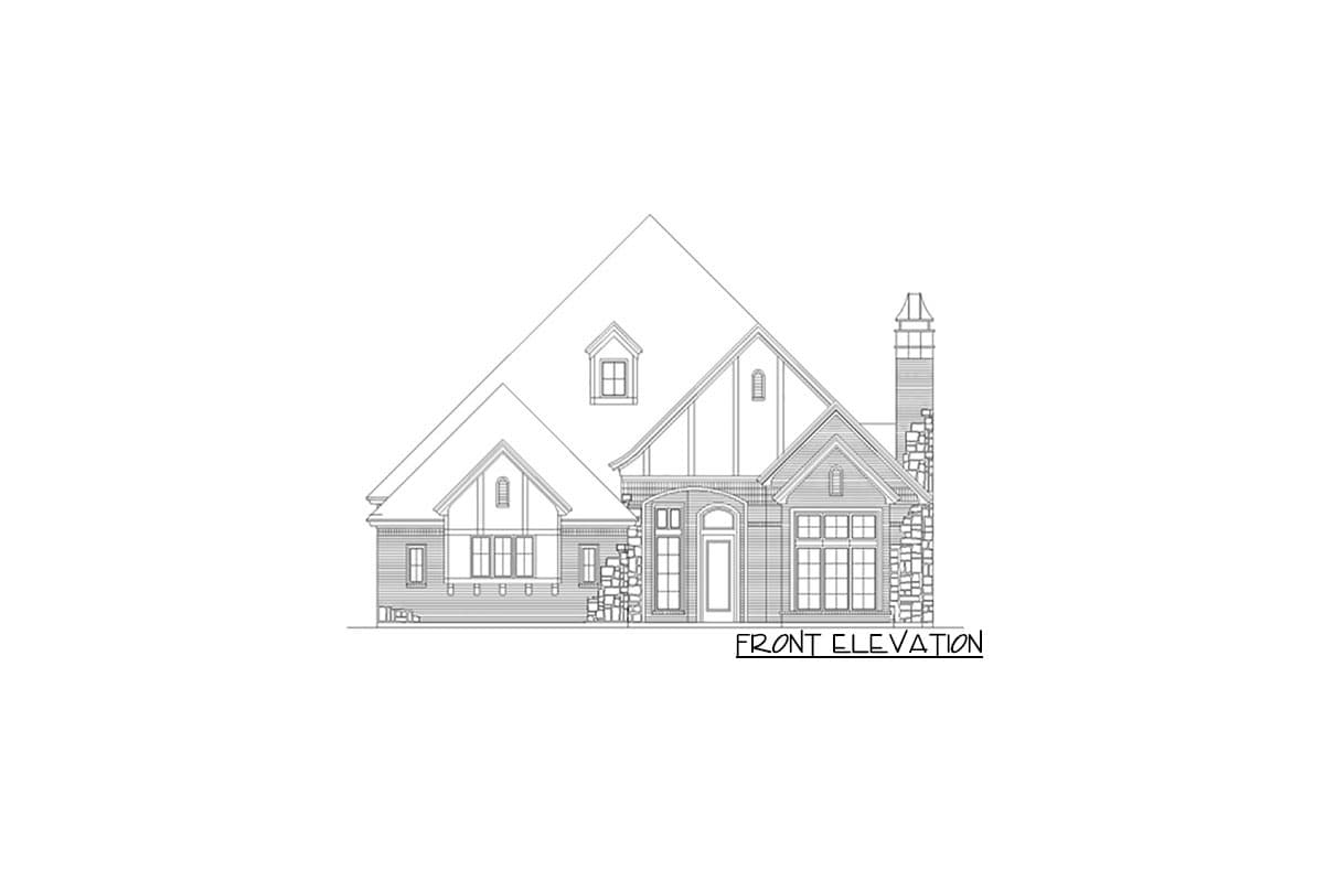 Front elevation drawing of a house plan with gables, dormers, stone accents, and a prominent chimney.