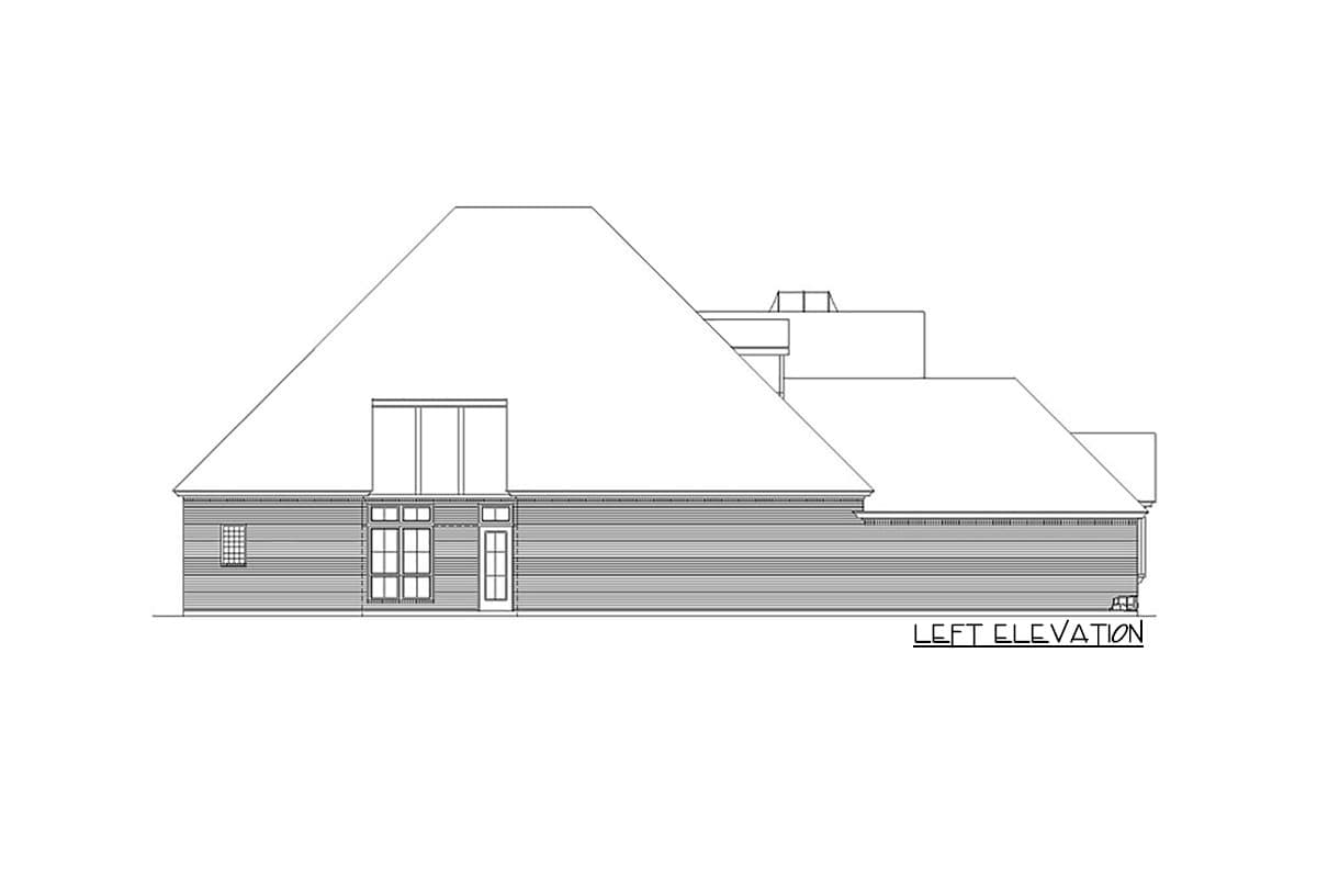 Left elevation of a house plan showing horizontal siding, a dormer, and double doors with a window.