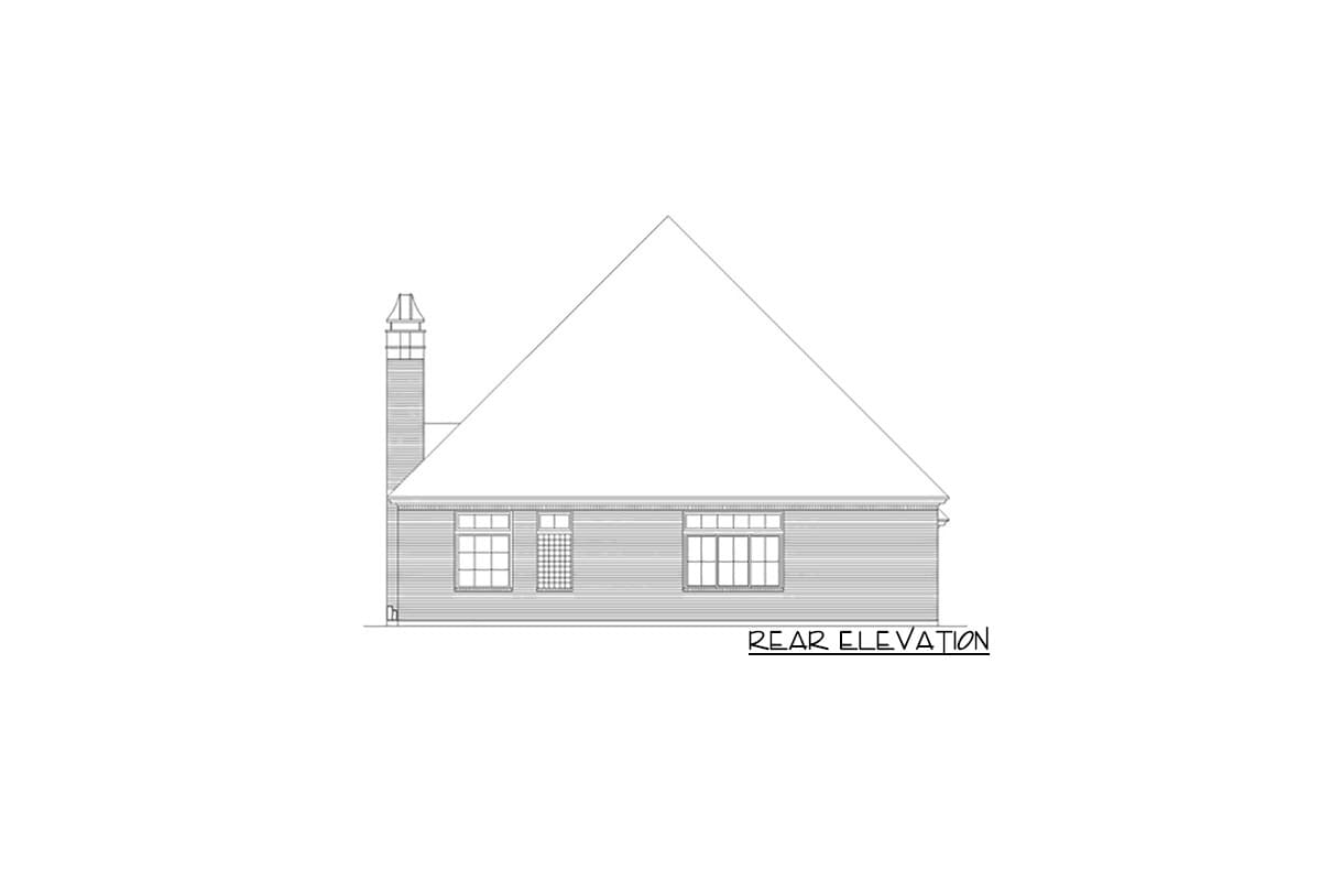 Rear elevation drawing of a house plan featuring a large gabled roof, prominent chimney, and multiple windows.