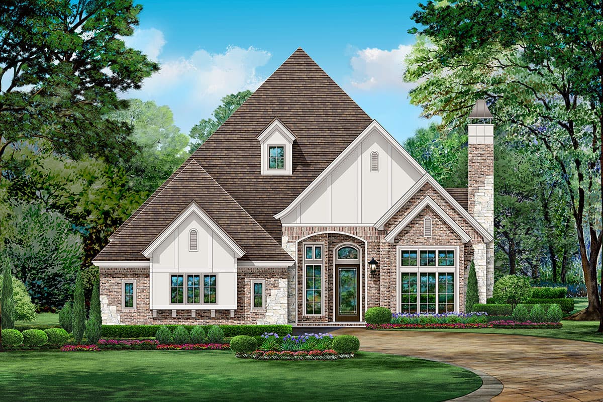 House plan exterior. Two-story, brick facade, gabled roof, and dormers. Features include an arched entryway and stone accents.