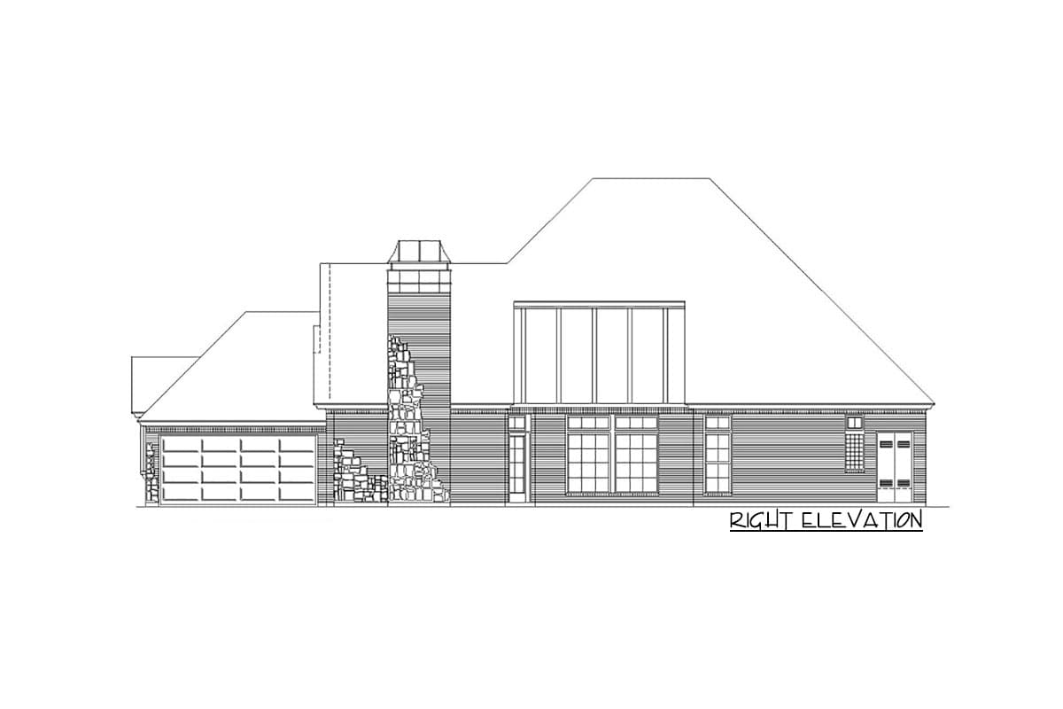 Right elevation house plan: Three-car garage, stone chimney, large windows, and a gabled roofline.
