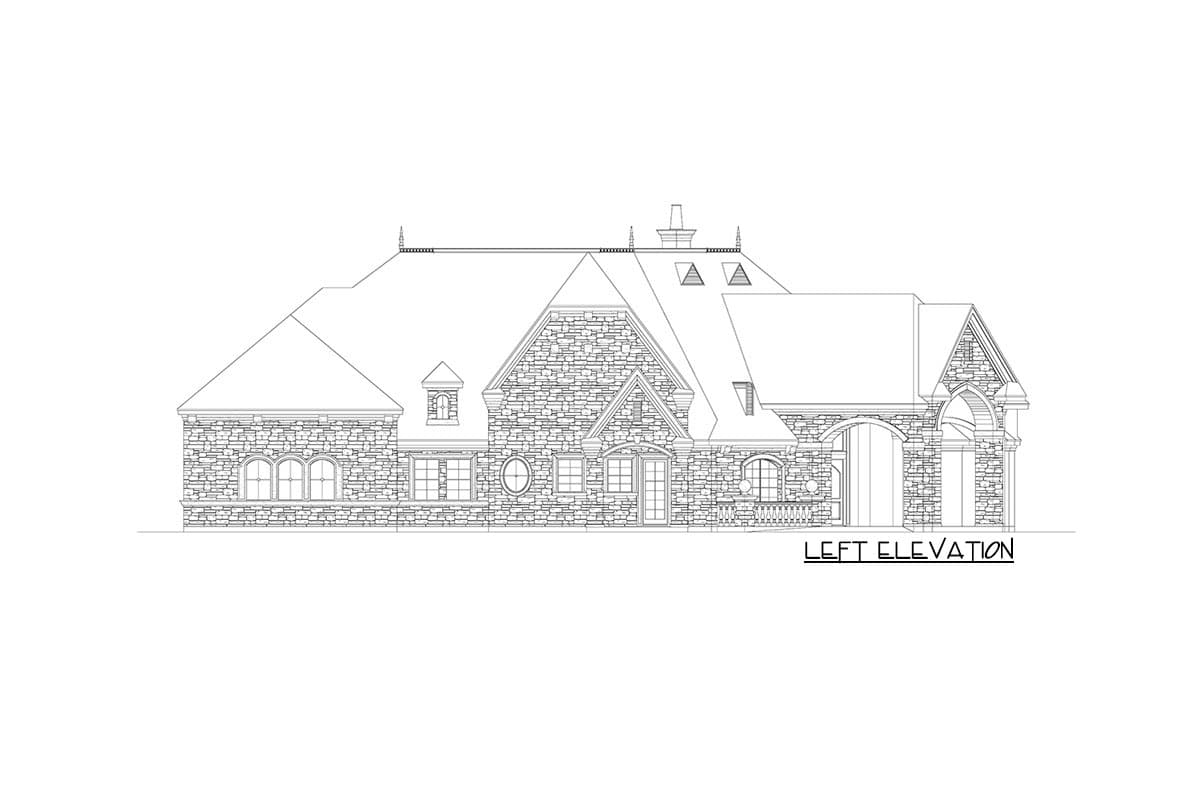 Left elevation of a stone house plan with multiple gables, arched entry, dormers, and varied window styles.