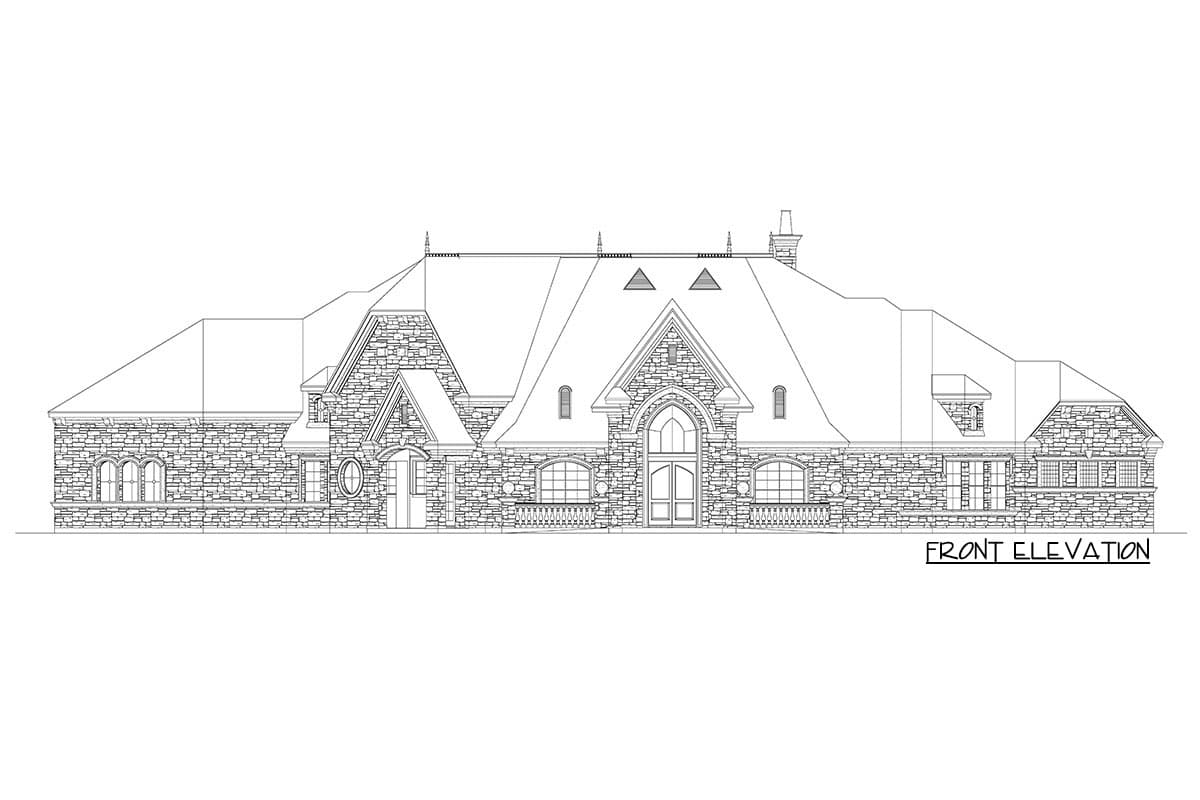 Front elevation drawing of a stone house plan with steeply pitched roofs, arched windows, and a prominent central gable.