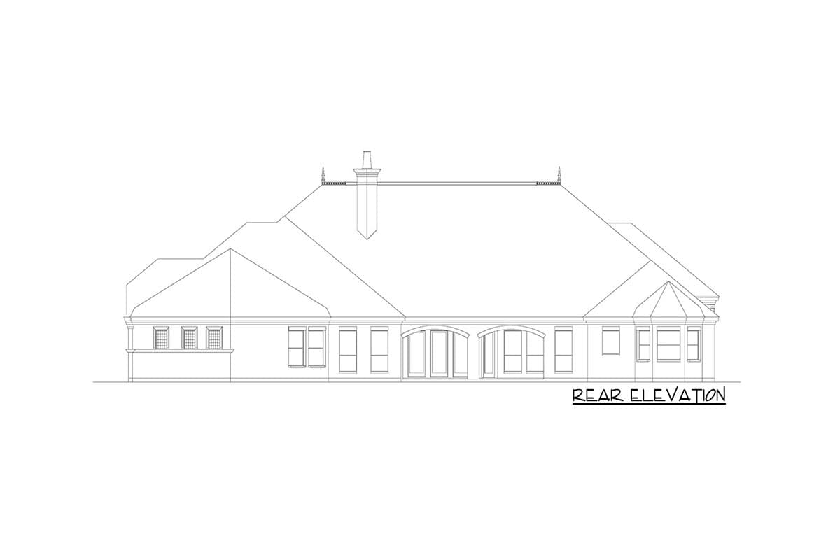 Rear elevation drawing of a house plan, showing a chimney, multiple windows, and arched French doors.