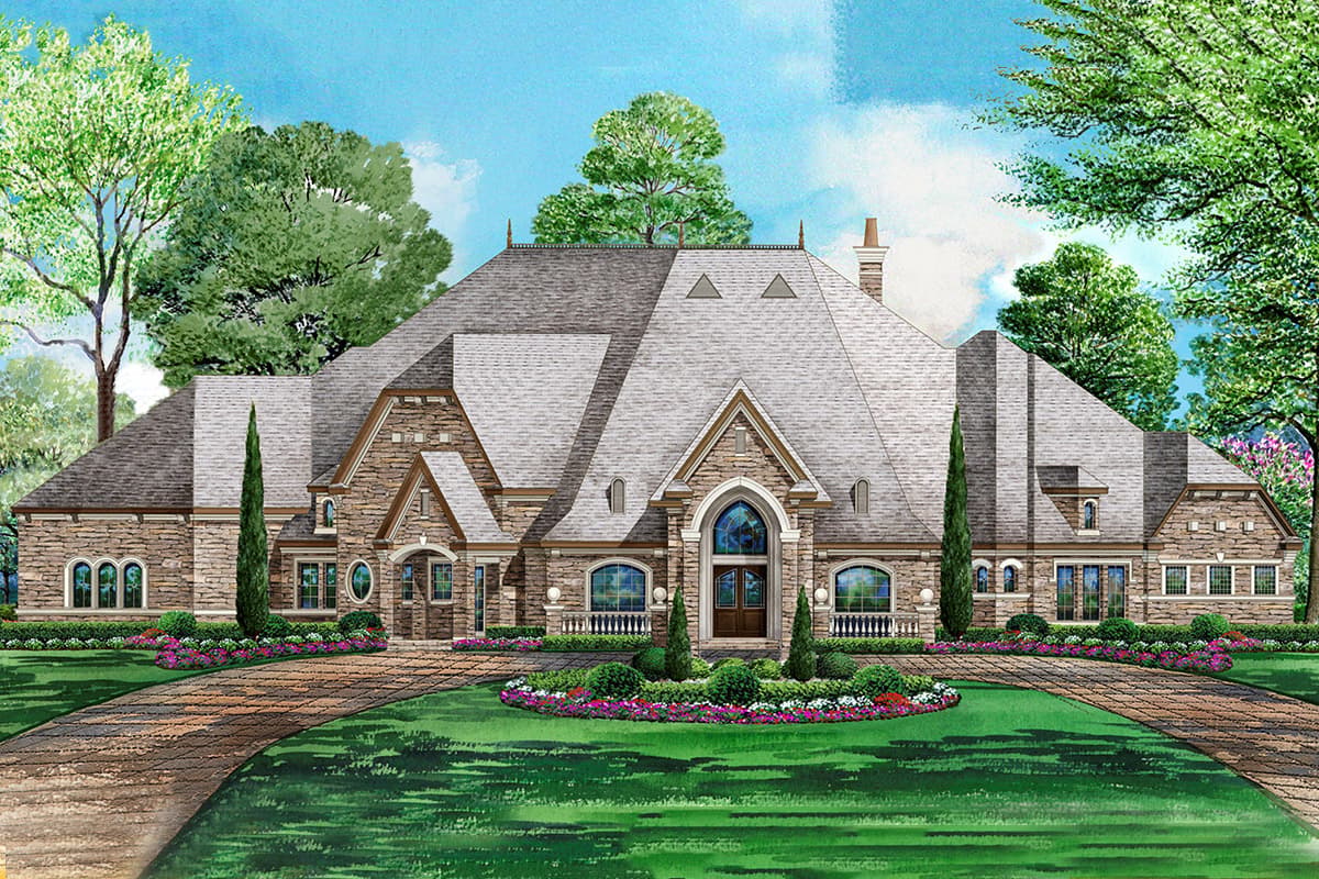 House plan exterior featuring a two-story design in a stone facade. Includes multiple gables, arched entry, and a multi-level roofline.