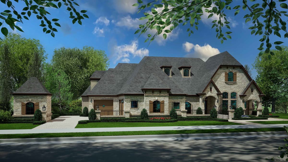 House plan exterior rendering of a two-story French Provincial style home with stone facade, arched entryways, multiple gables, and attached garage.
