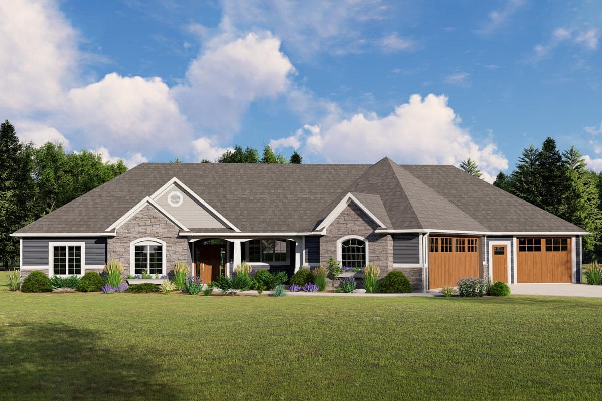 House plan exterior. Ranch style home with a stone facade, gabled roof, and attached garage. Includes a covered front porch and dormer.