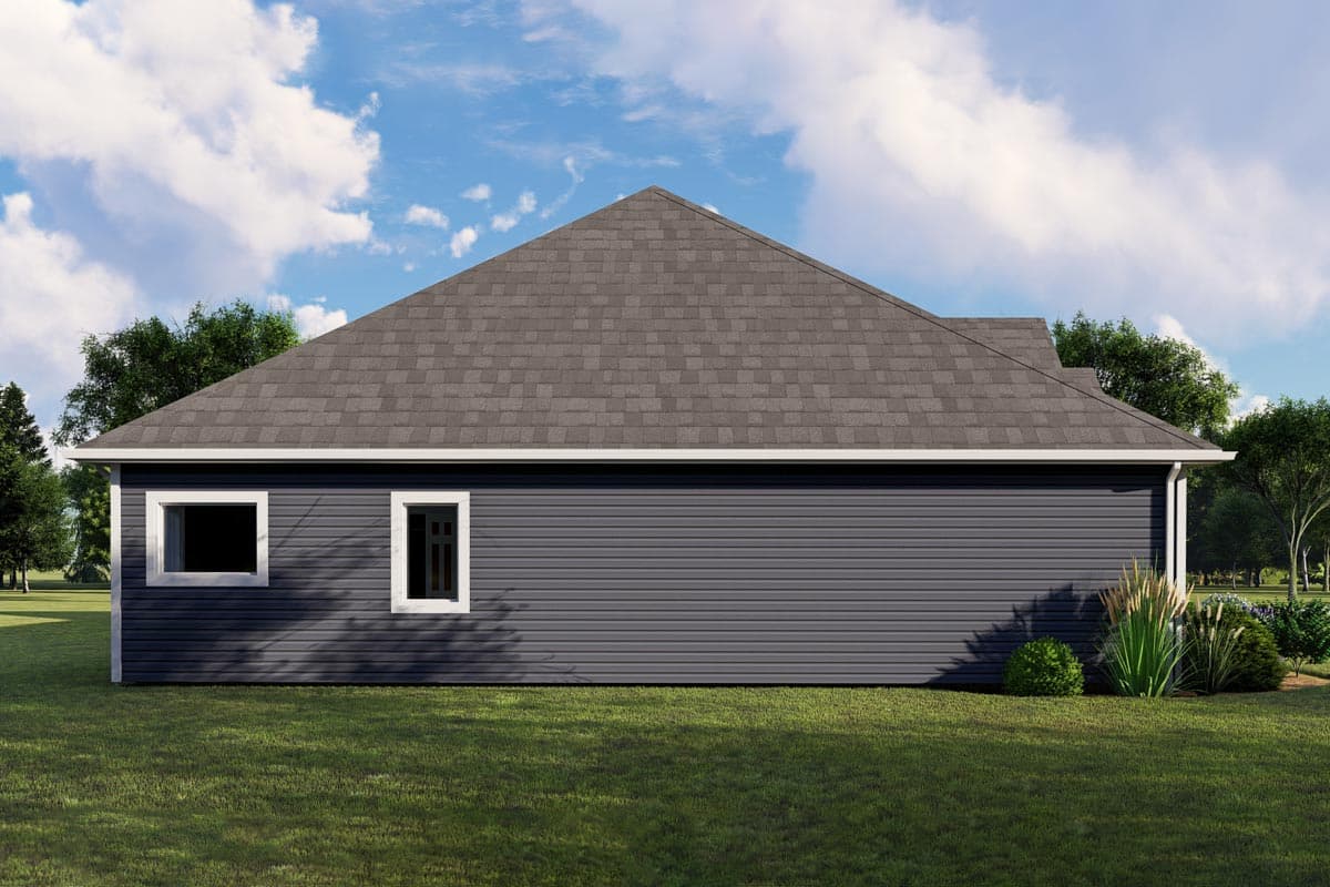 House plan exterior: Single-story ranch with a prominent gable roof, dark siding, and two visible windows.