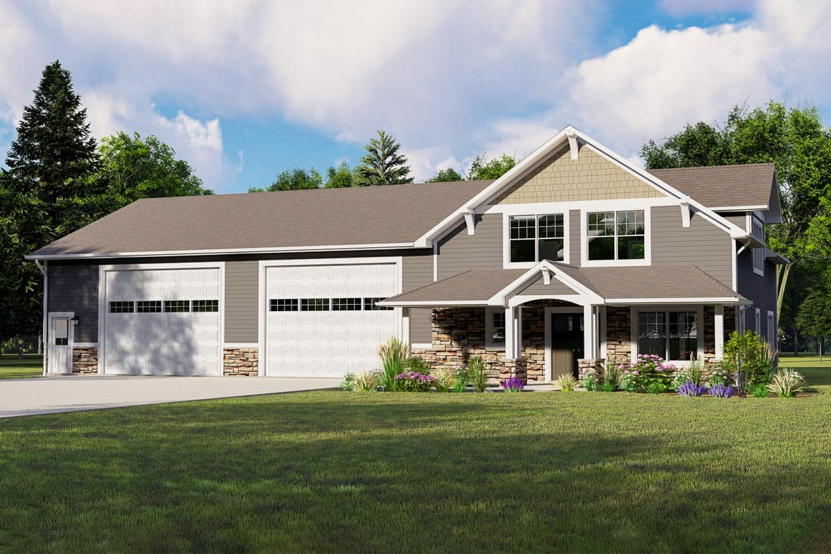 House plan exterior with Craftsman style. Two-story home with a gabled roof, stone accents, and an attached garage with two overhead doors.