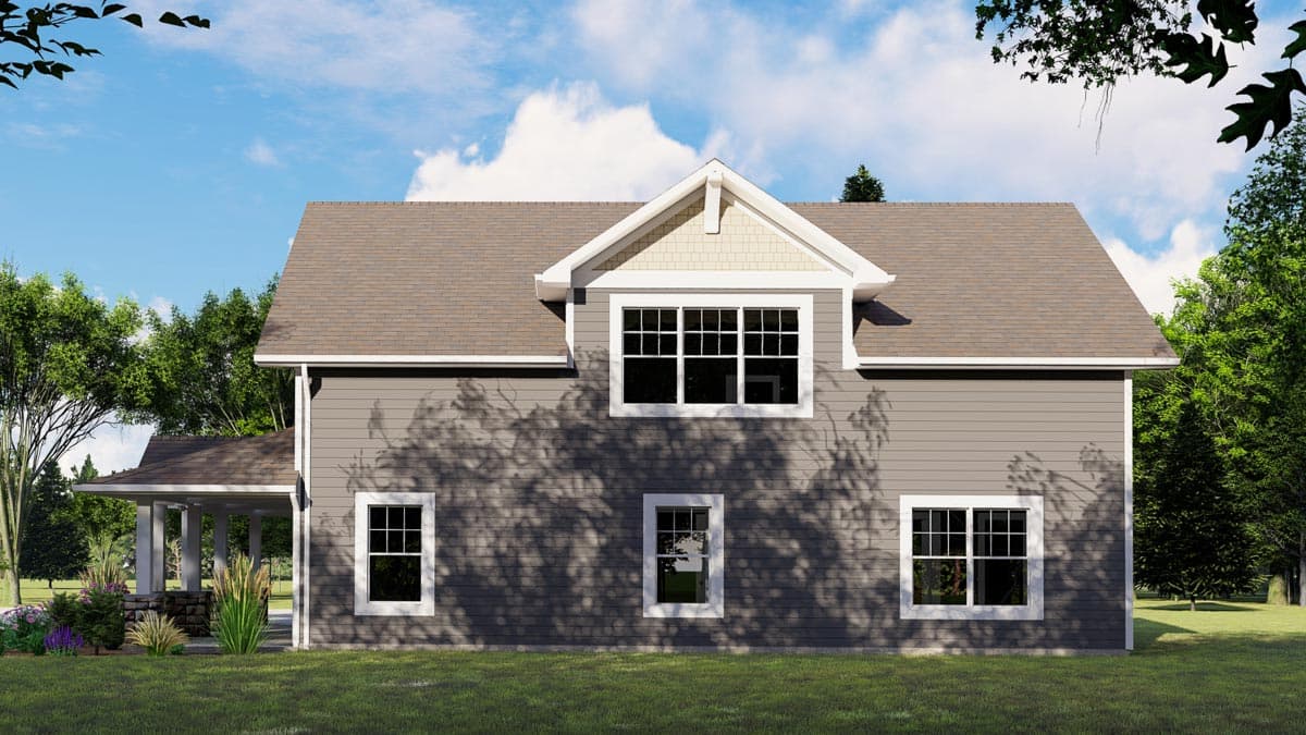 House plan exterior: Two-story home with a covered front porch, gabled dormer, and horizontal siding.