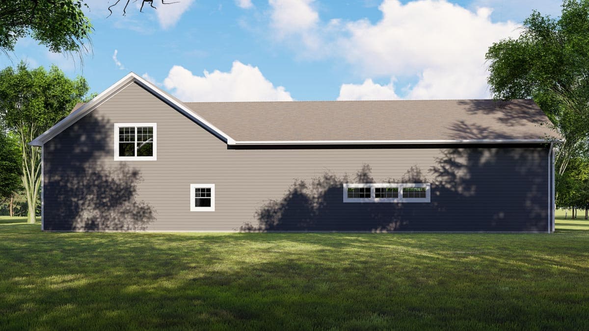 House plan exterior, side view, featuring a gabled roof, horizontal siding, and multiple windows.