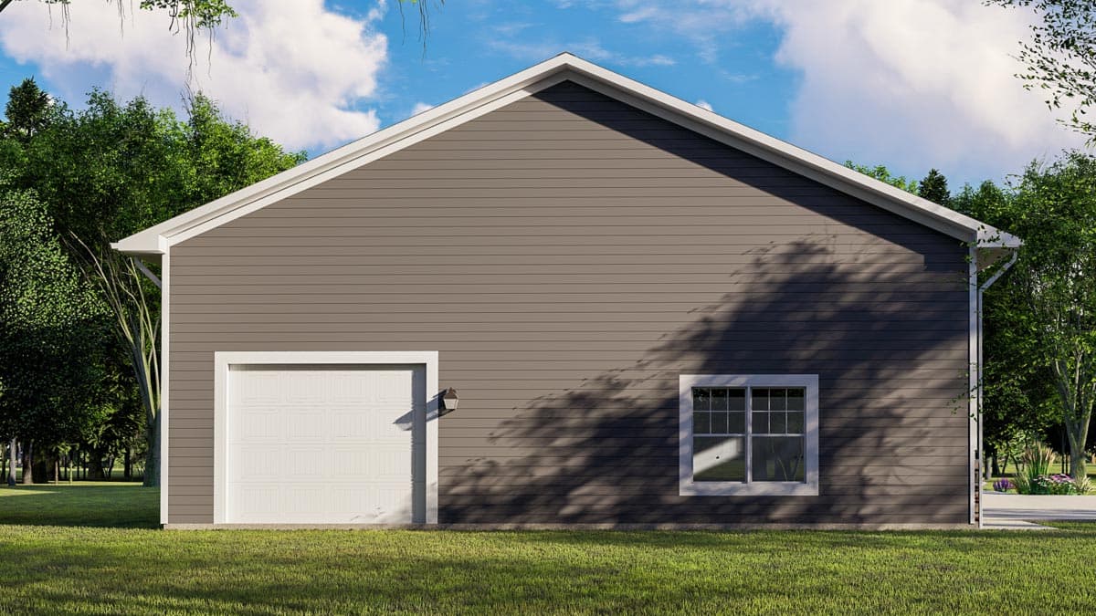 House plan exterior with vinyl siding, a single garage door, and one window with a gable roofline.