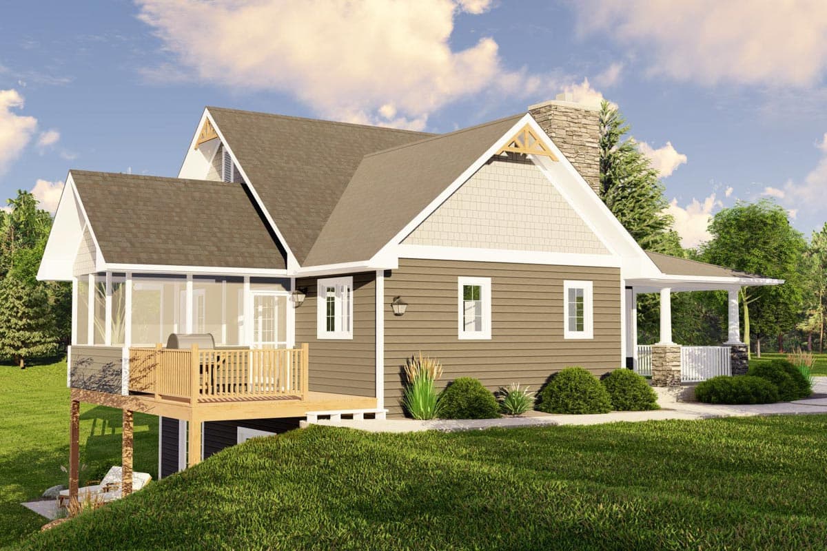 House plan exterior, two-story home with gabled dormers, wrap-around porch, stone chimney, and wooden deck.