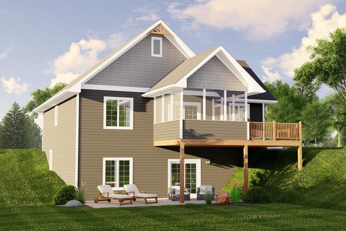 House plan exterior: two-story, gable roof, board and batten siding, screened porch, and deck.