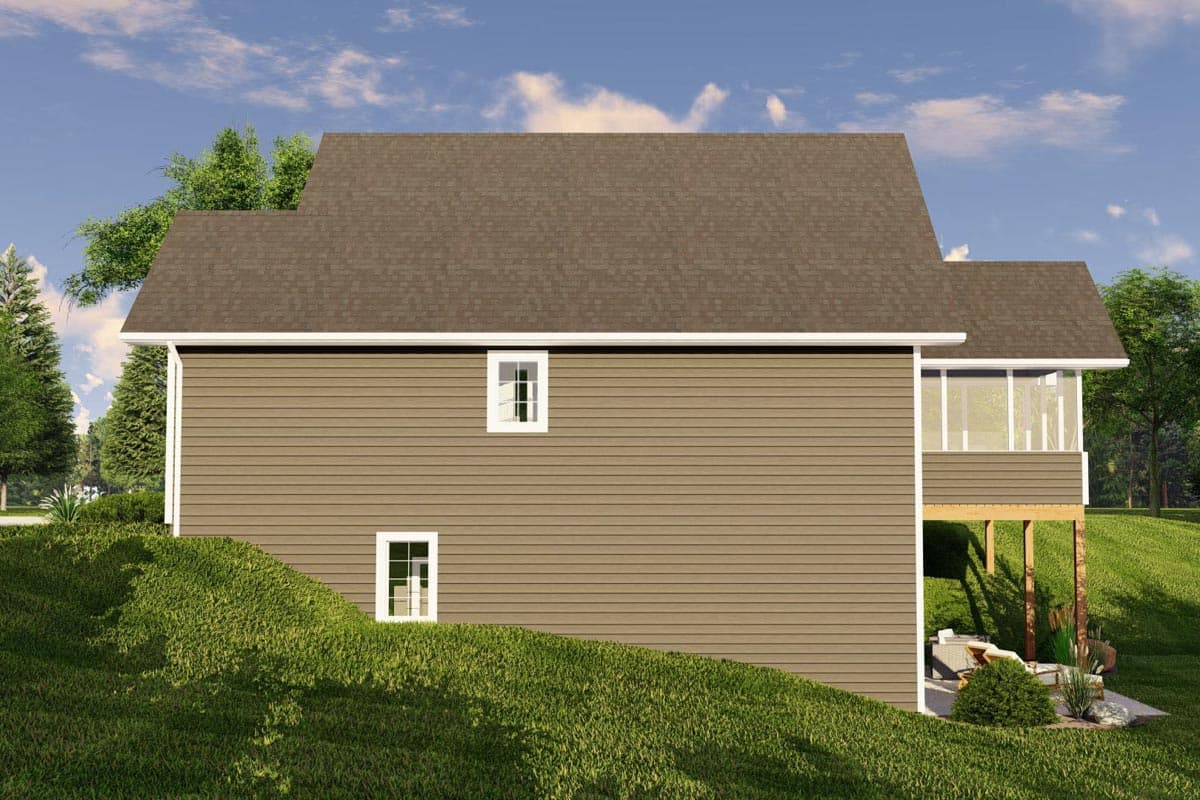 House plan exterior, side view, showing vinyl siding, gable roof, and screened-in porch with deck.