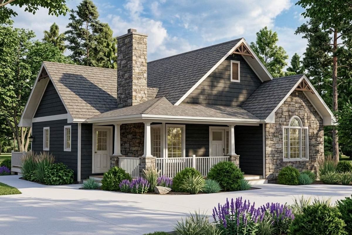 House plan exterior. One-story Craftsman with stone chimney and accents, gabled roof, and covered porch with white columns and railing.