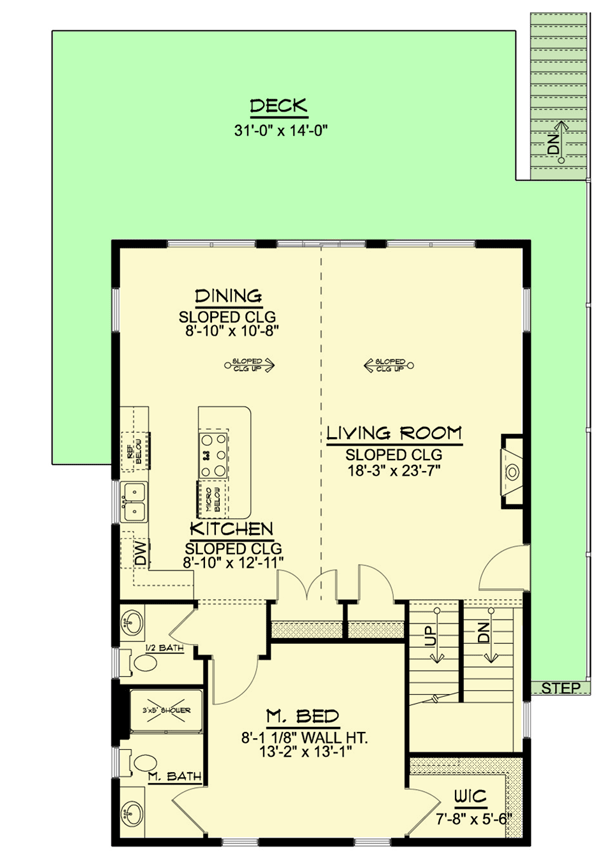 Plan 135010GRA: 3-Bed House Plan with Loft Beneath Gabled Roof - 1343 Sq Ft - Floor Plan - Main Level - Coastal, Mountain, Vacation
