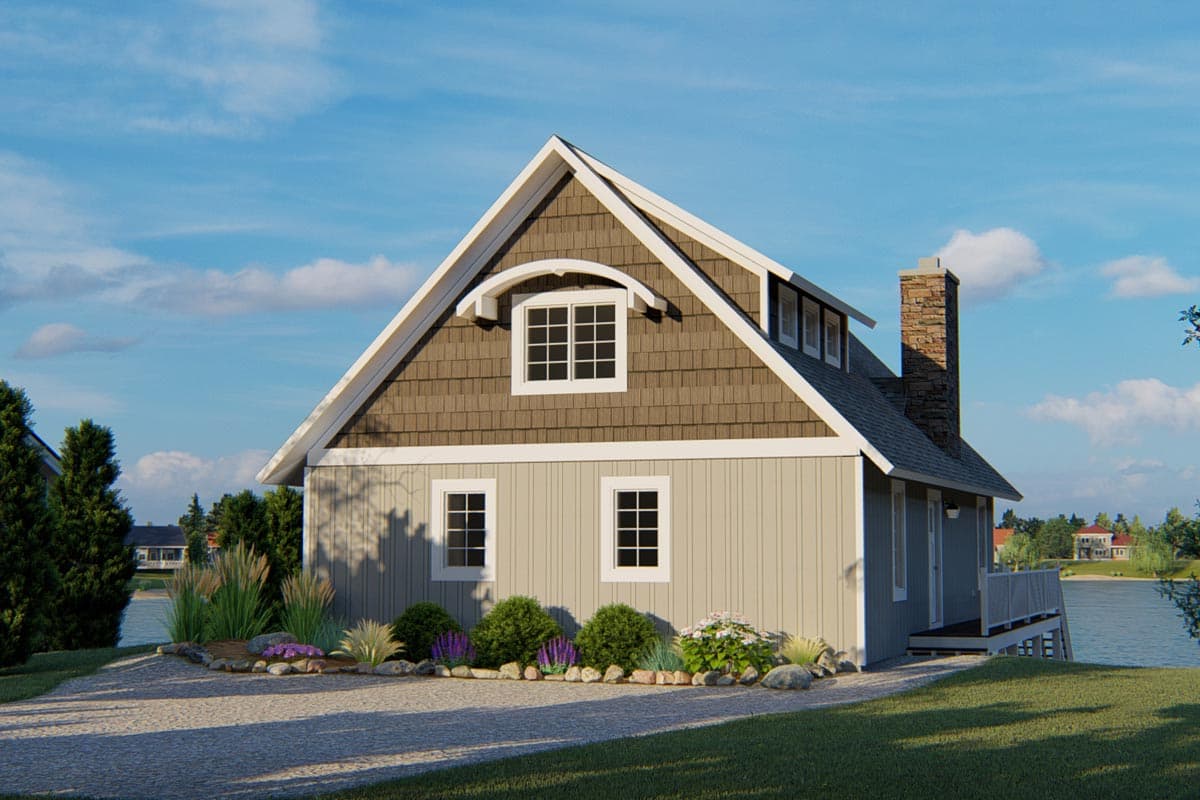 House plan exterior: Gable roof, dormers, stone chimney, shingle and vertical siding, and lakefront deck.