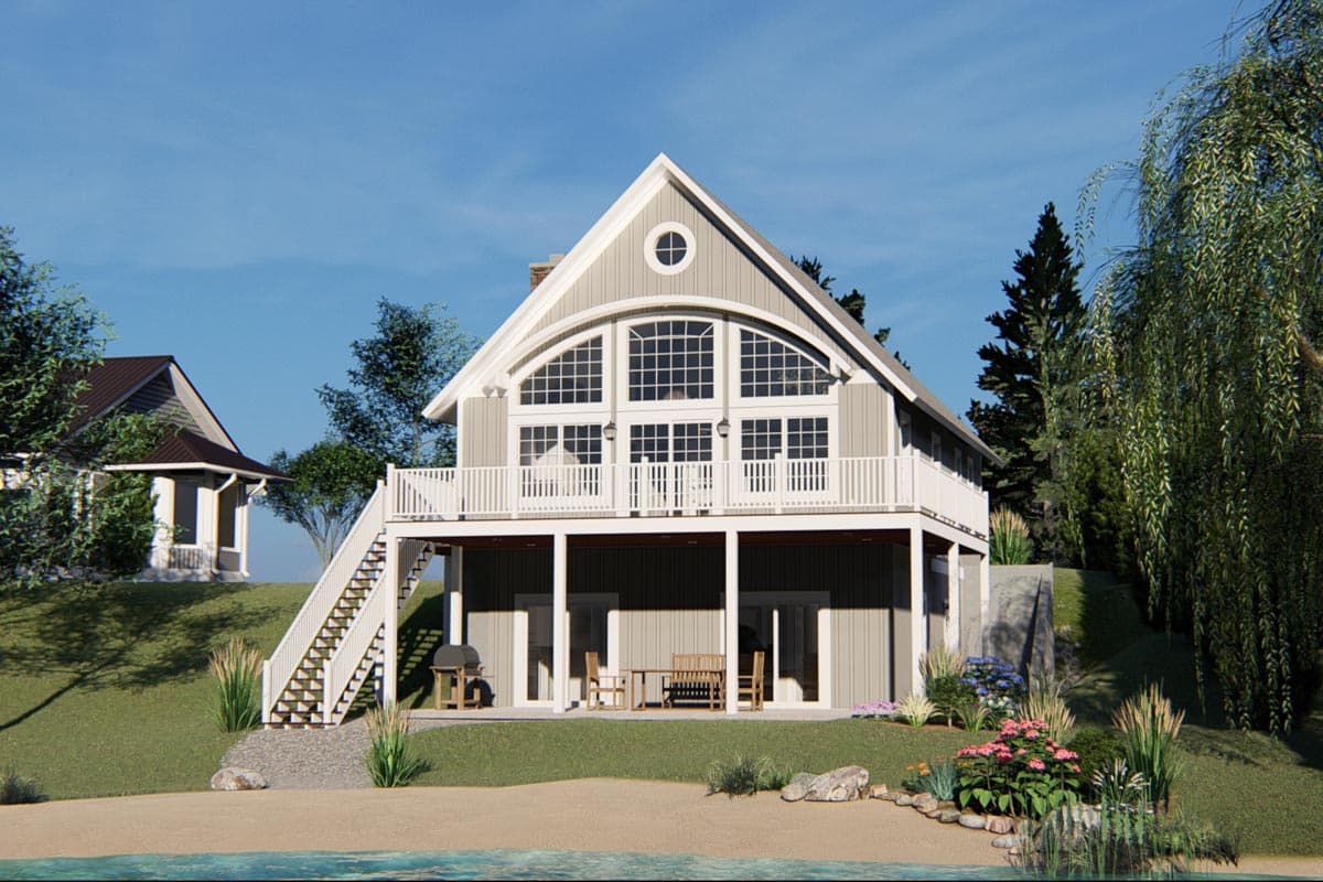 House plan exterior with two stories. Features include a gable roof, large arched windows, a second-story balcony, and an exterior staircase.