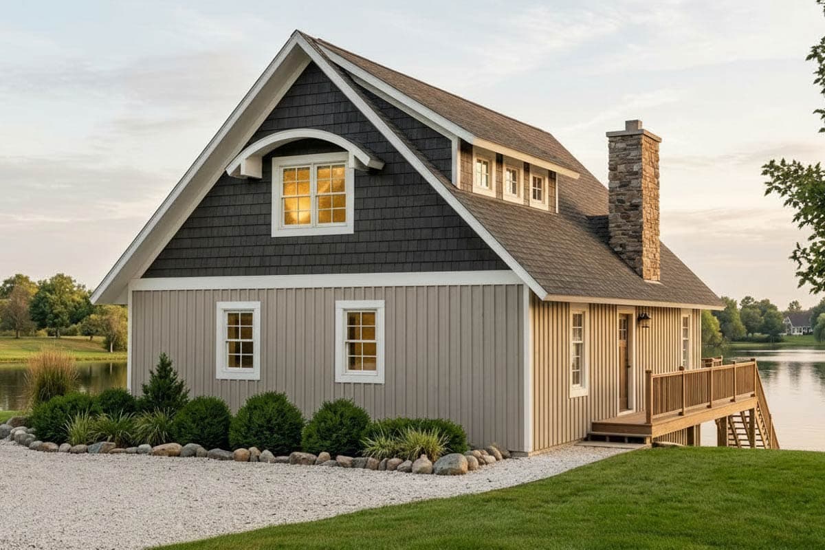 House plan exterior: Gable roof, dormers, stone chimney, shingle and vertical siding, and lakefront deck.