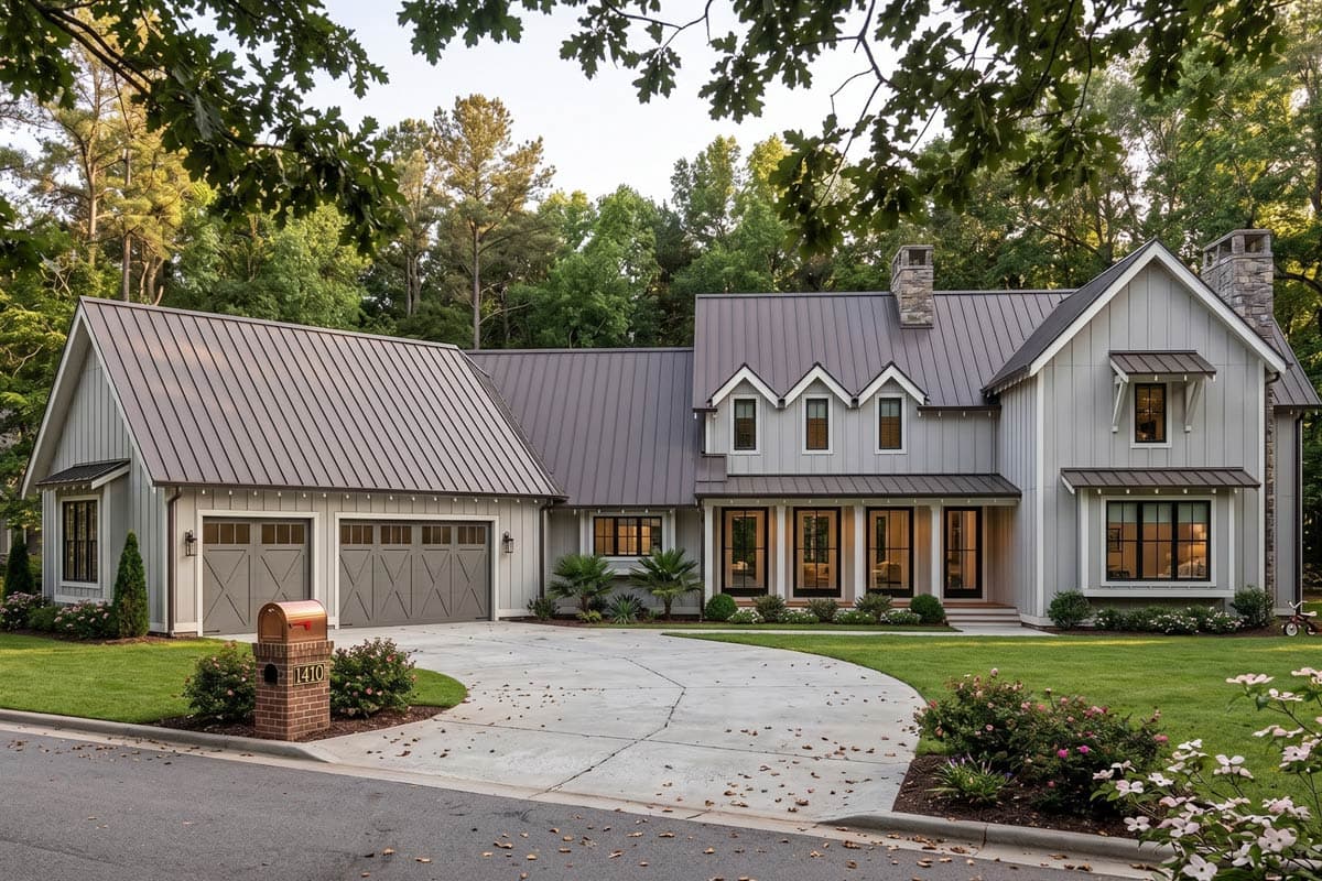 Modern Farmhouse house plan exterior with metal roof, dormers, and attached three-car garage.