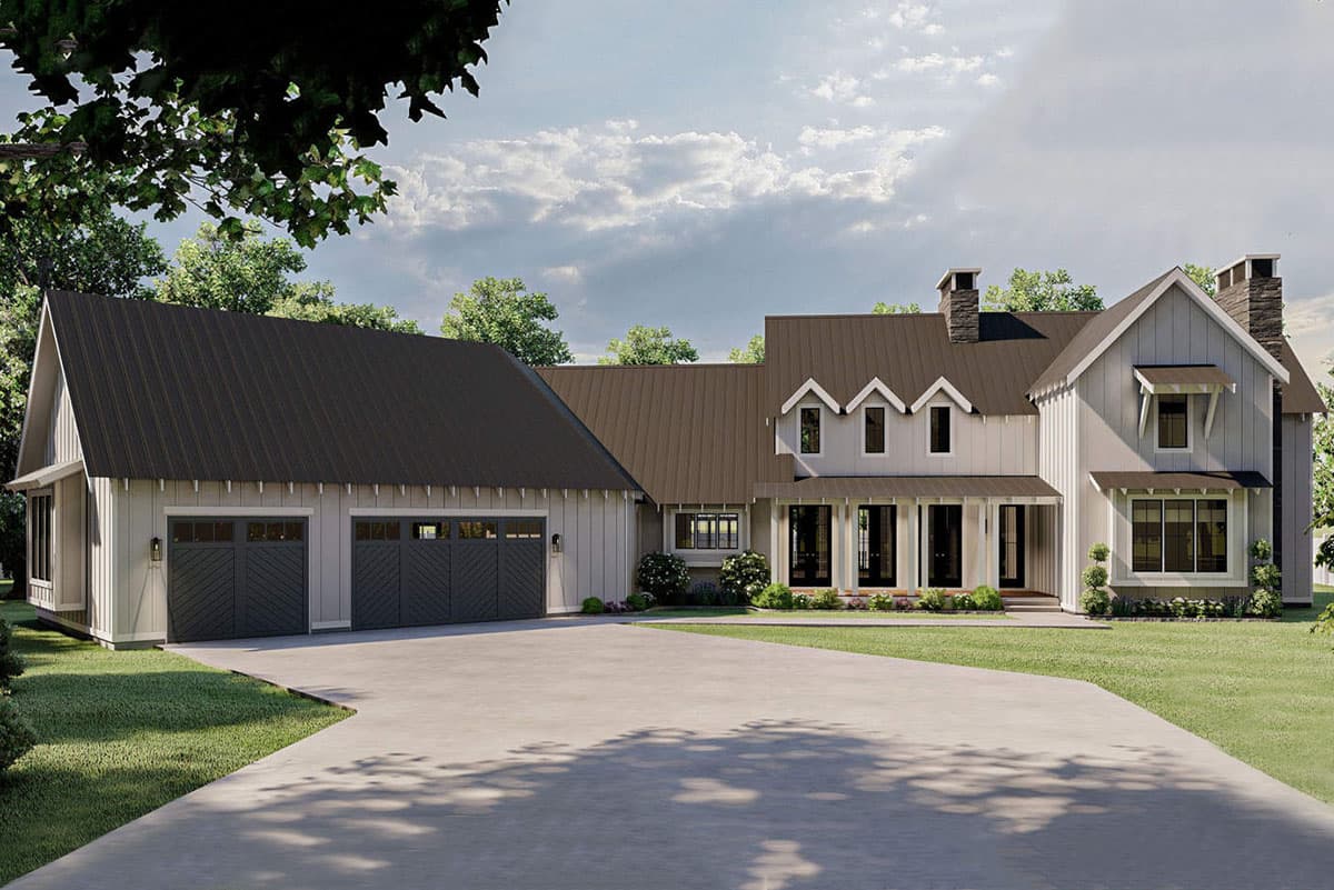 House plan exterior. Two-story Modern Farmhouse with gables, a covered porch, and a detached garage with dark gray doors.