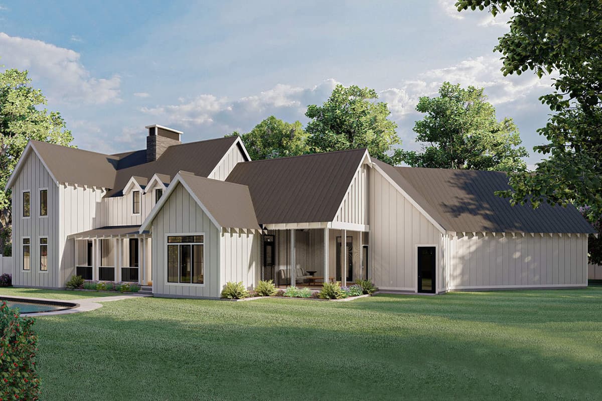 House plan exterior: Modern Farmhouse style, two stories, white vertical siding, gable roof, front porch with columns, and dormer windows.