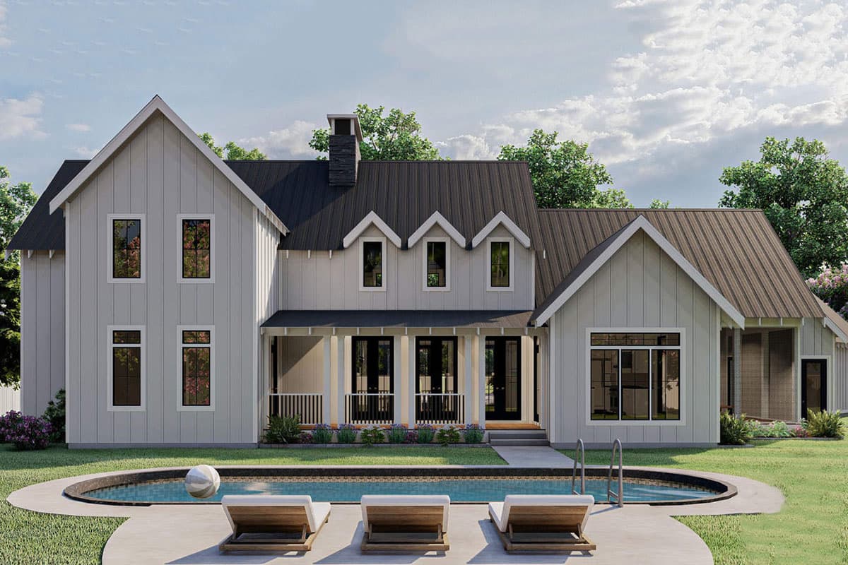 Modern Farmhouse house plan exterior with a covered porch, metal roof, multiple gables, and a two-story main section.