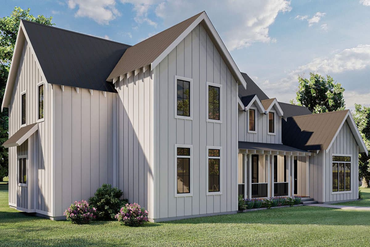 Modern Farmhouse house plan exterior with board and batten siding, gabled roofs, and a covered front porch with black railing.