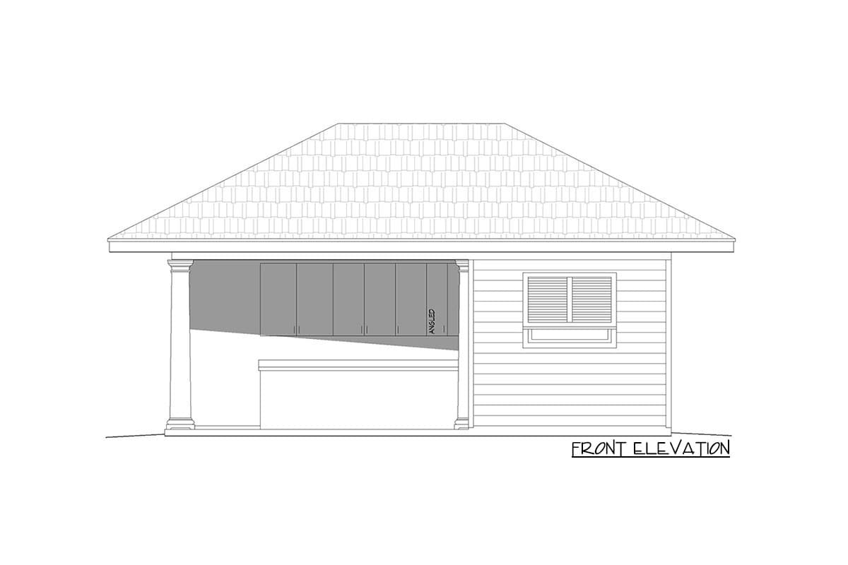 Front elevation drawing of a single-story house plan with covered outdoor kitchen cabinets and a window.