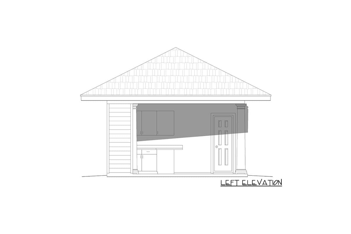 Left elevation house plan shows a structure with a pitched roof, siding, a double-door entrance, and an outdoor counter with cabinetry.