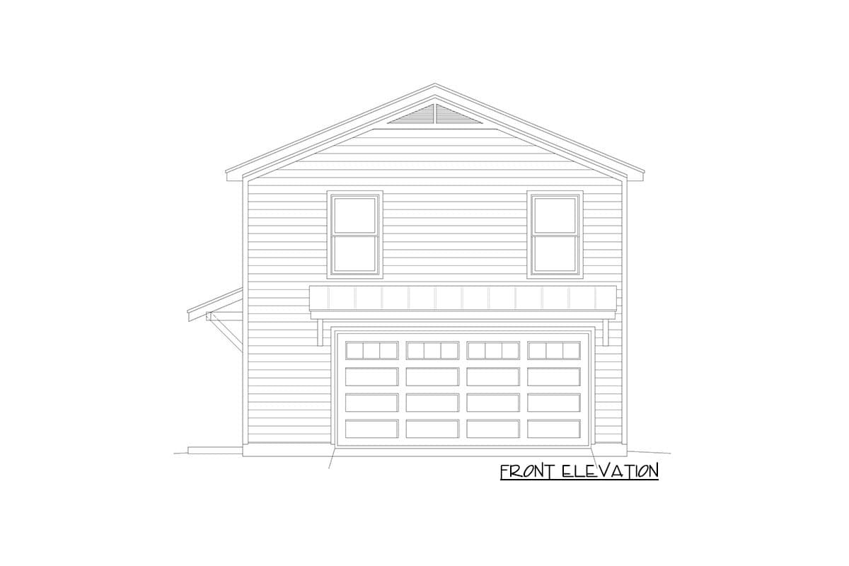 Front elevation drawing of a two-story house plan featuring horizontal siding, a prominent garage door, and two upper-level windows.