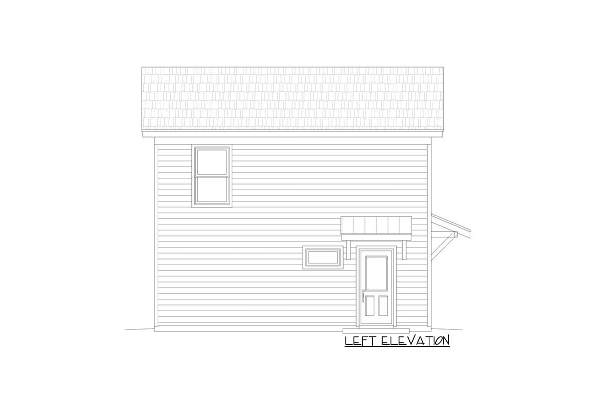 Left elevation drawing of a house plan showing siding, two windows, a door with an awning, and a shingled roof.