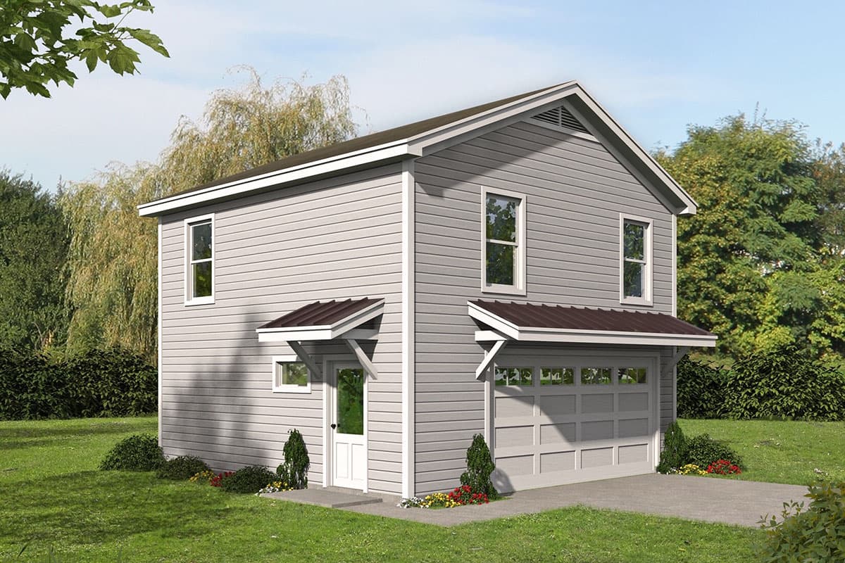 House plan exterior. Two-story structure with gable roof. Includes a garage, two entry awnings, and vertical siding.