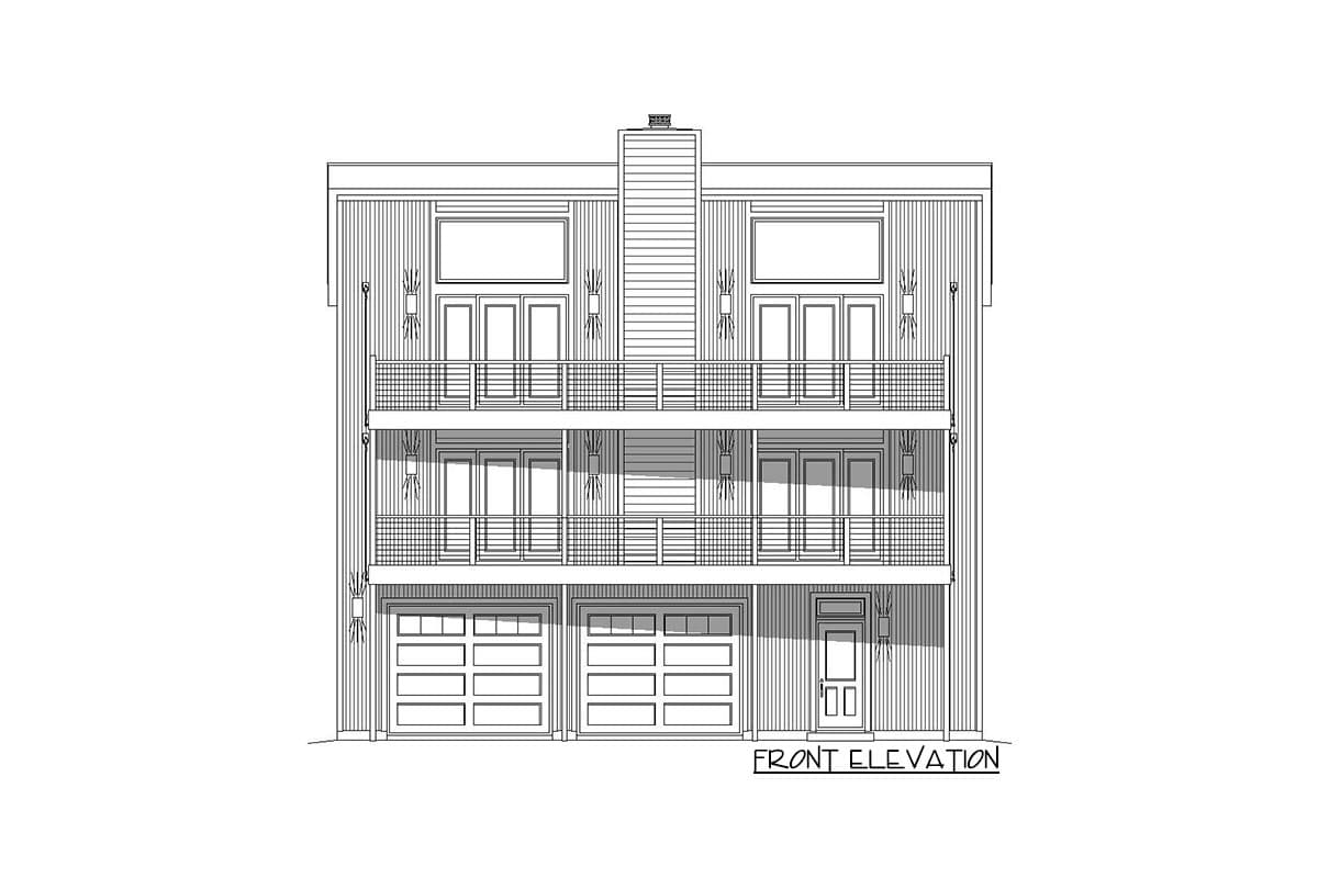 Front elevation drawing of a three-story house plan featuring three garage doors, multiple balconies, and vertical siding.