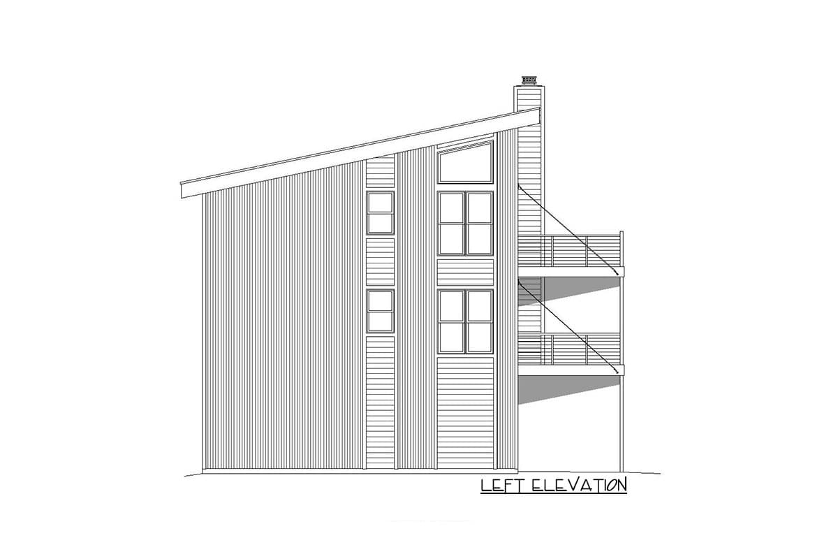 Left elevation drawing of a house plan with a sloped roof, vertical siding, multiple windows, a chimney, and two balconies.