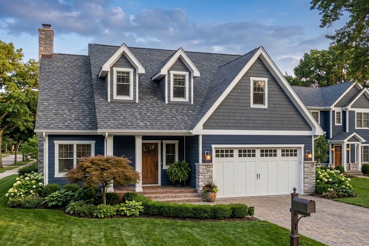 House plan exterior: Two-story home with gables, dormers, stone accents, a covered front entry, and a two-car garage.