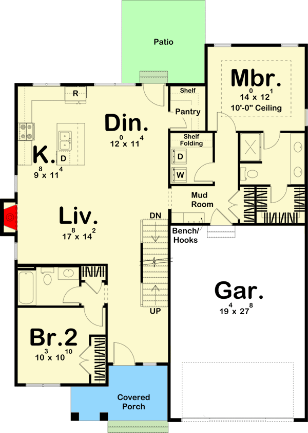 Plan 62958DJ: 4-bed Traditional House Plan with Upstairs Beds, Loft and Storage - Floor Plan - Main Level - Country, New American, Traditional