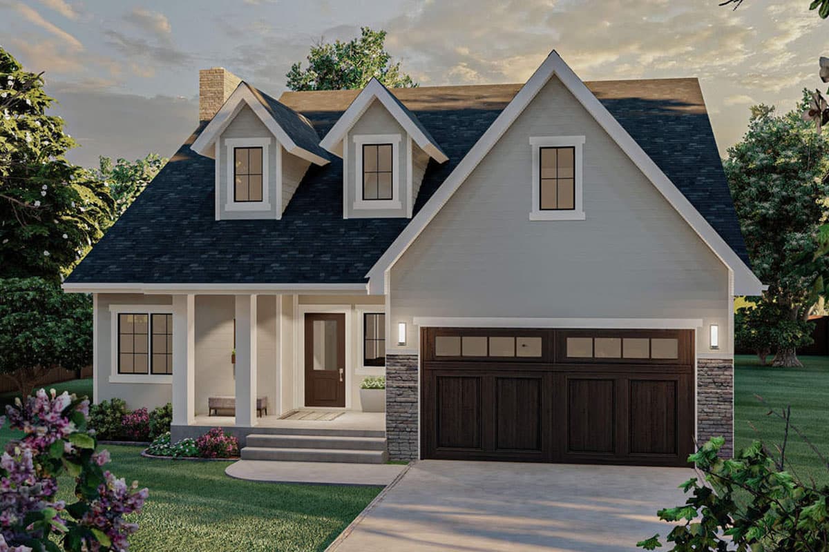House plan exterior. Two-story Modern Farmhouse with gable roof, dormers, porch, and attached garage with dark wood doors.