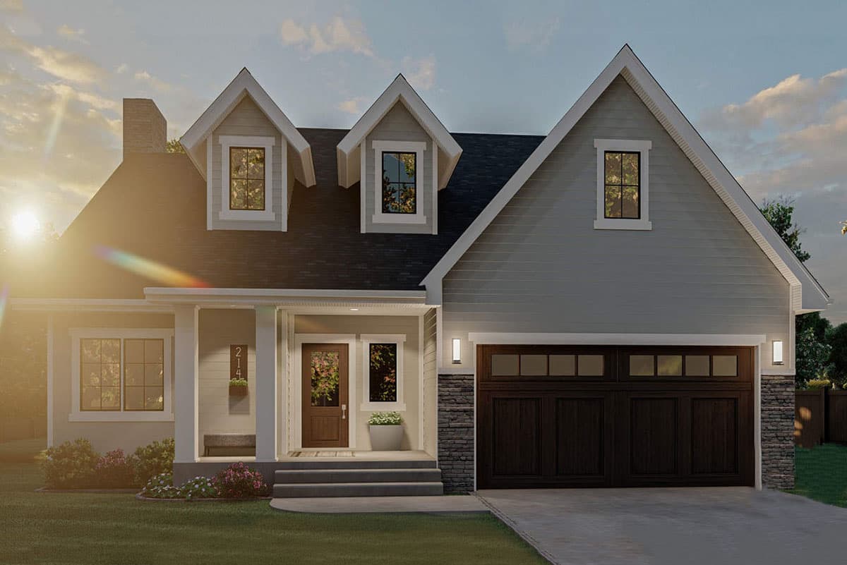 House plan exterior: Craftsman style, two stories, covered entry porch, gables, dormers, and a two-car garage.