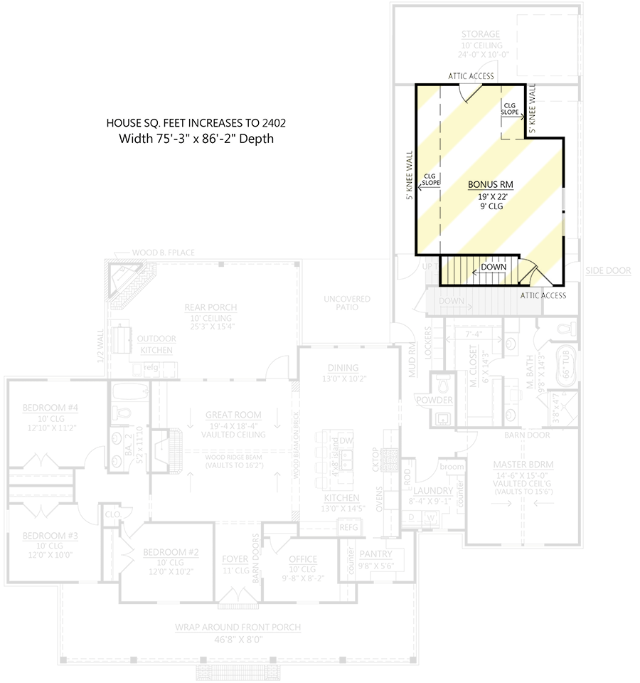 Plan 56484SM: One-Story Country Farmhouse Plan with Vaulted Great Room and Master Bedroom - 2232 Sq Ft - Floor Plan - Bonus and Basement Option - Bonus Room Layout (+$295) - Country, Farmhouse, Southern, Traditional