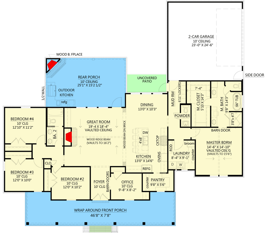 Plan 56484SM: One-Story Country Farmhouse Plan with Vaulted Great Room and Master Bedroom - 2232 Sq Ft - Floor Plan - Main Level - Country, Farmhouse, Southern, Traditional