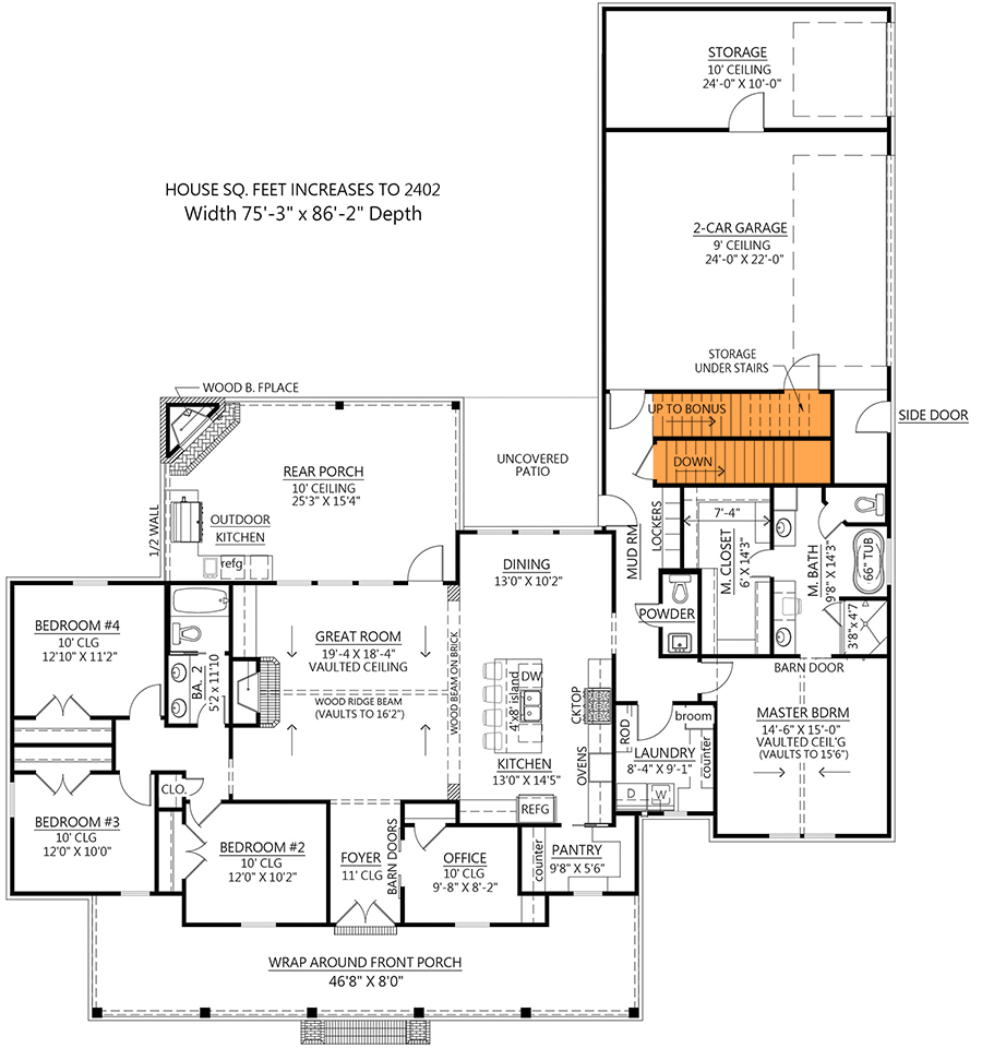 Plan 56484SM: One-Story Country Farmhouse Plan with Vaulted Great Room and Master Bedroom - 2232 Sq Ft - Floor Plan - Bonus and Basement Option - Main Floor Stairs (+$295) - Country, Farmhouse, Southern, Traditional