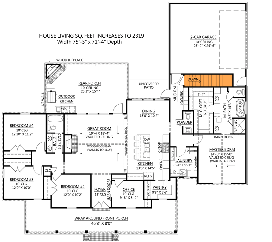 Plan 56484SM: One-Story Country Farmhouse Plan with Vaulted Great Room and Master Bedroom - 2232 Sq Ft - Floor Plan - Basement Option (no bonus room) - Main Floor Stairs (+$295) - Country, Farmhouse, Southern, Traditional