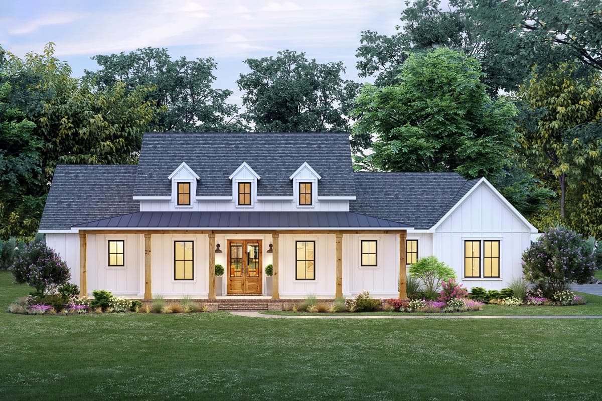 Modern farmhouse house plan exterior with a wraparound porch, dormers, and board-and-batten siding.